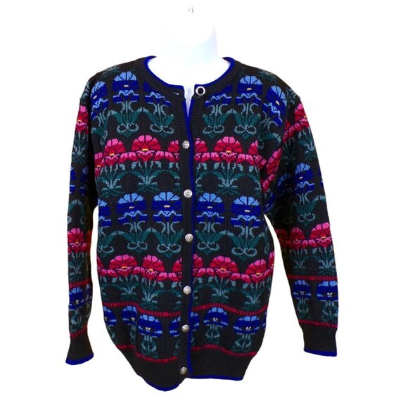 DEANS OF SCOTLAND Vintage Heavyweight Wool Cardigan Stunning Flower Pattern #910 - Picture 1 of 10